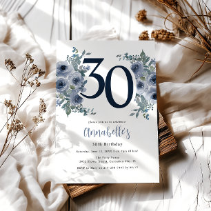 Invitation Élégant floral bleu 30e anniversaire