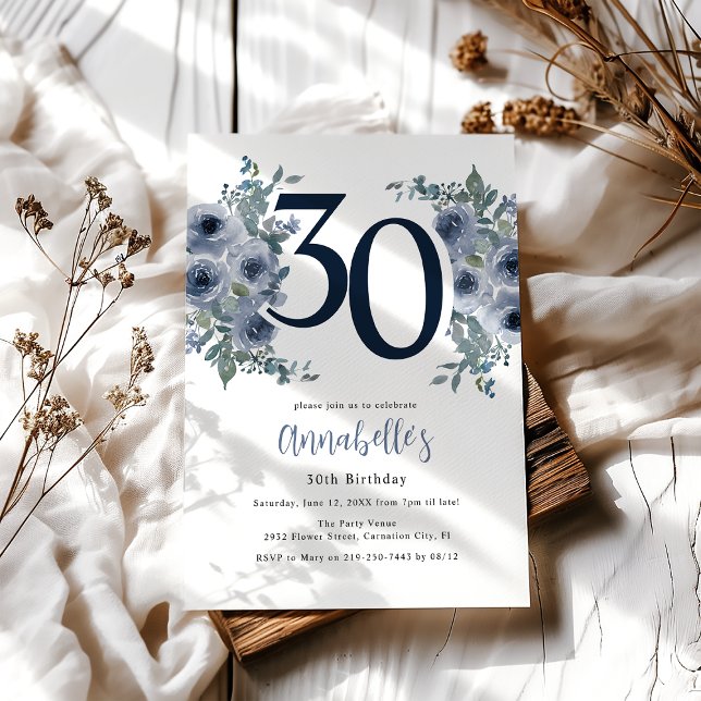 Invitation Élégant floral bleu 30e anniversaire (Créateur téléchargé)