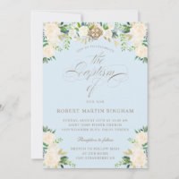 Élégant Floral Bleu Beige Calligraphie Baptême