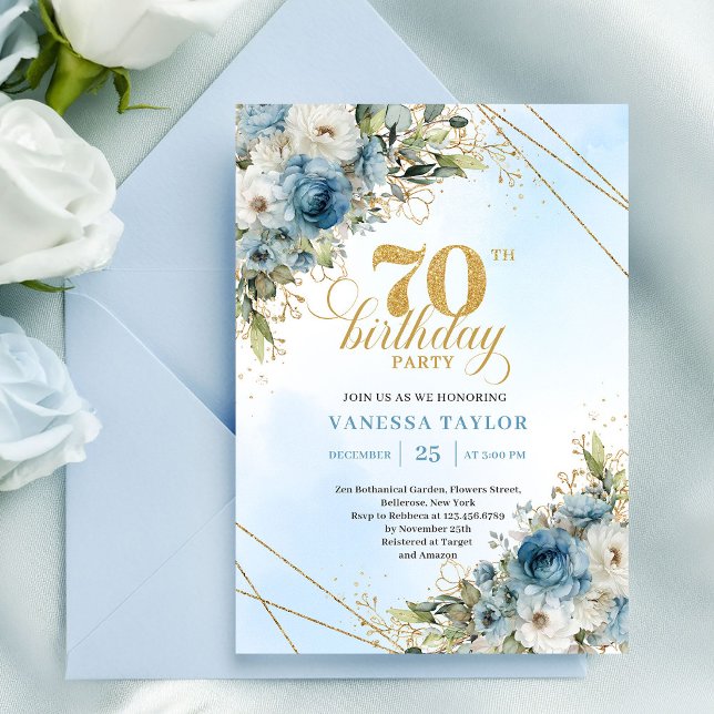 Invitation Élégant floral bleu bohème doré 70e anniversaire  (Stylish bohemian blue florals gold 70th birthday invite

)
