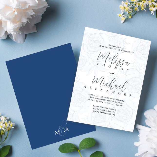 Invitation Élégant floral bleu calligraphie script rose  (Elegant wedding invitation with blue calligraphy script and block lettering. )