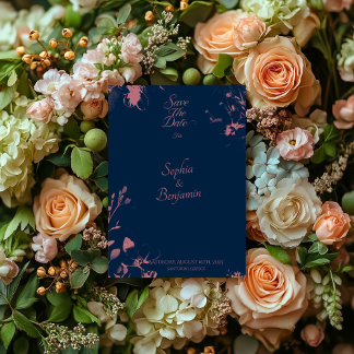Invitation Élégant Floral Bleu Nuit et Or Rose Save the Date