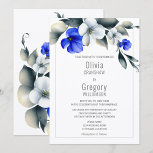 Invitation Élégant floral bleu royal et blanc