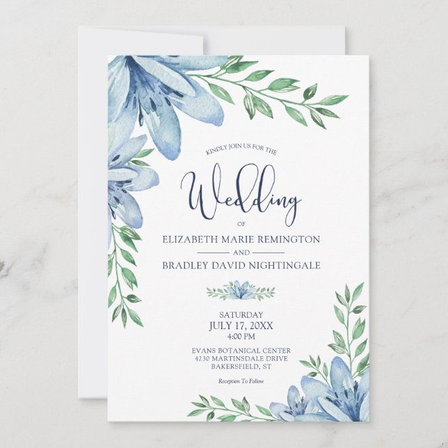 Invitation Elégant Floral Blue Blooms Mariage verdoyant (Devant)