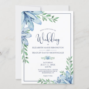 Invitation Elégant Floral Blue Flowers Mariage de verdure