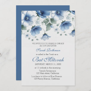 Invitation Élégant Floral Blue Girl Bat mitzvah