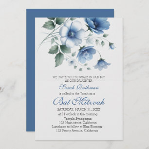 Invitation Élégant Floral Blue Girl Bat mitzvah