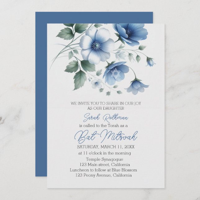Invitation Élégant Floral Blue Girl Bat mitzvah (Devant / Derrière)