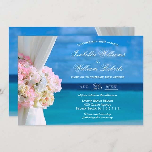 Invitation Elégant Floral Blue Ocean Beach Mariage d'été (Devant / Derrière)