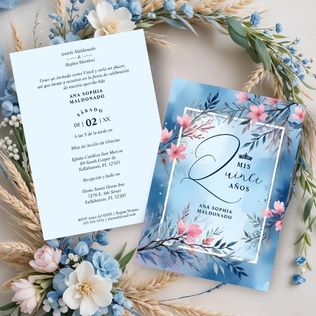 Invitation Elegant Floral Blue & Pink Romantic Frame XV's (Elegant Floral Blue & Pink Romantic Frame Mis XV Años Invitations Cards in Spanish.)