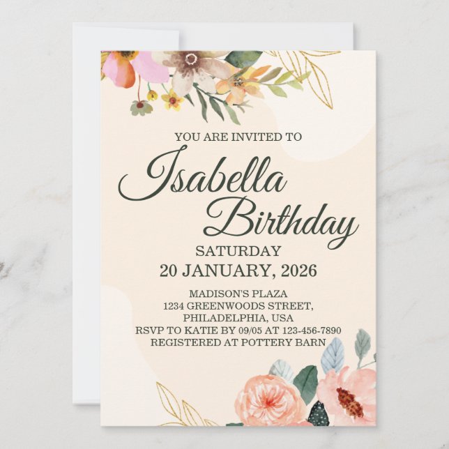 Invitation Elegant Floral – Blush and Peach Watercolor Flower (Devant)