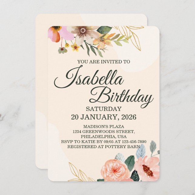 Invitation Elegant Floral – Blush and Peach Watercolor Flower (Devant / Derrière)