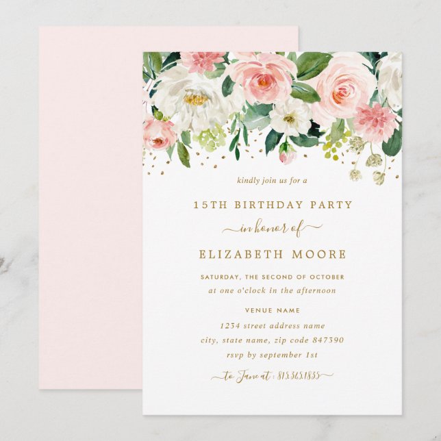 Invitation Elégant floral Blush Gold 15e anniversaire (Devant / Derrière)