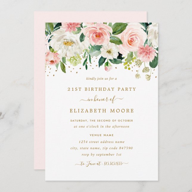 Invitation Elégant floral Blush Gold 21e anniversaire (Devant / Derrière)