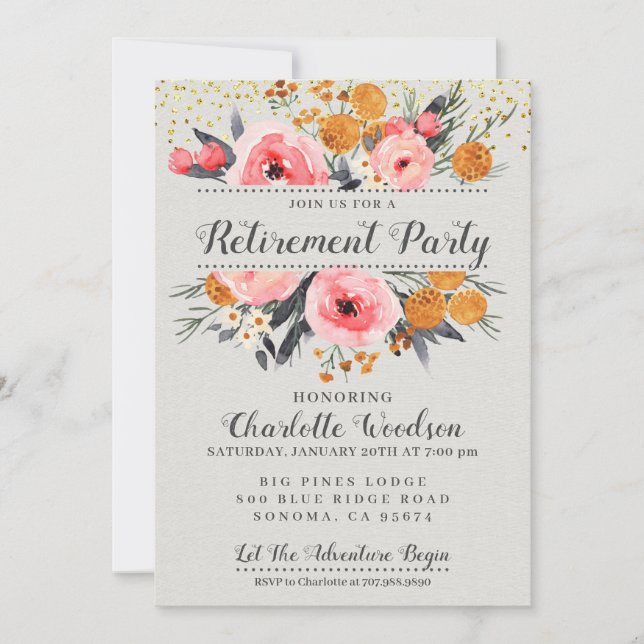 Invitation Élégant Floral Blush Pink Gold Retraite Party dans (Devant)