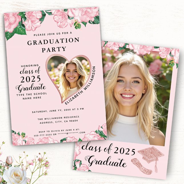 Invitation Élégant Floral Blush Pink Graduation Party (Créateur téléchargé)