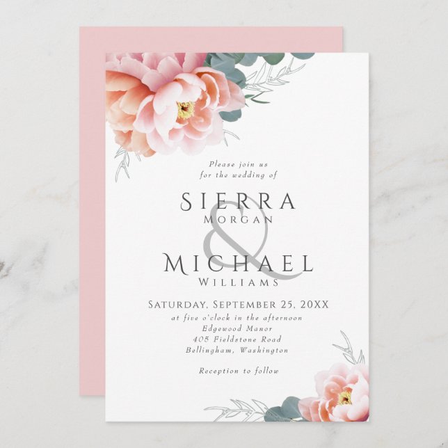 Invitation Élégant Floral Blush rose Peony Mariage (Devant / Derrière)