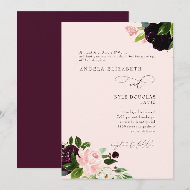 Invitation Élégant Floral Blush & Wine Bride Parents Mariage (Devant / Derrière)