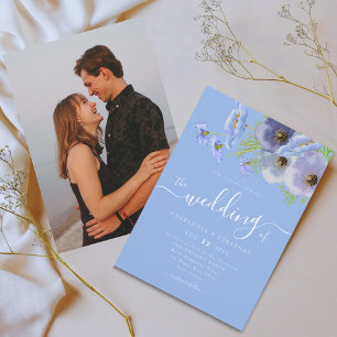 Invitation Élégant floral bohème bleu photo mariage aquarelle