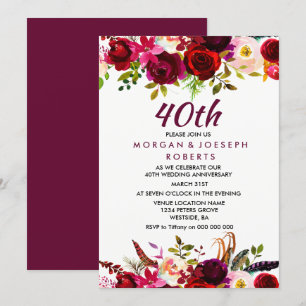Invitation Élégant floral bordeaux 40e anniversaire de mariag