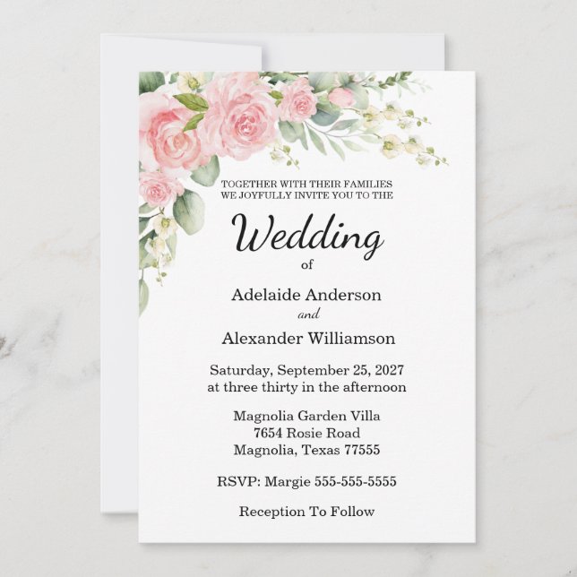 Invitation Elegant Floral Botanical Rose Pink Wedding (Devant)