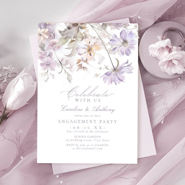Invitation Élégant floral botanique boho engagement violet  (Purple Elegant Botanical Floral Boho Engagement Invitation)