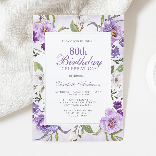 Invitation Élégant floral botanique violet 80e anniversaire (Créateur téléchargé)