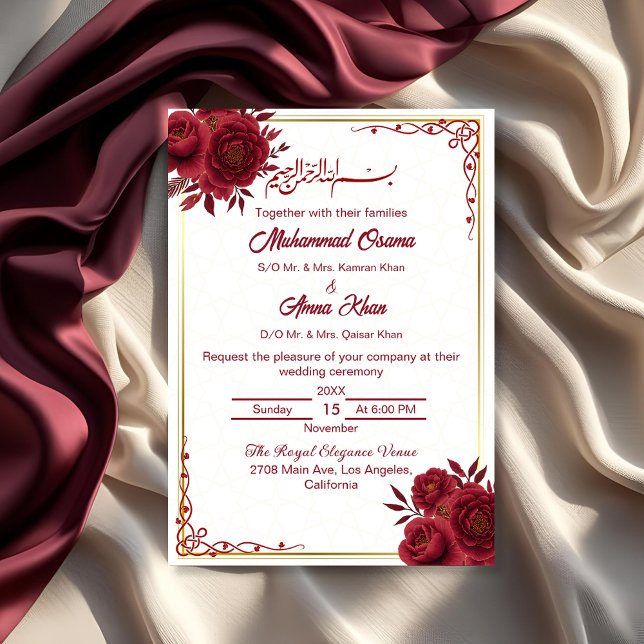 Invitation Élégant Floral Bourgogne et Mariage islamique d'or (Créateur téléchargé)