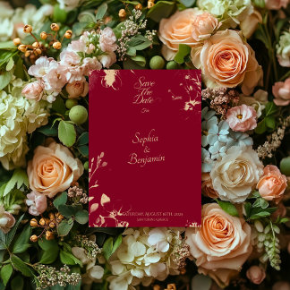 Invitation Élégant Floral Bourgogne et Or "Save the Date"
