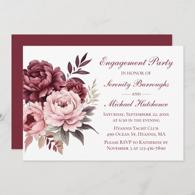 Invitation Élégant Floral Burgundy Peony Mariage Fiançailles (Devant / Derrière)