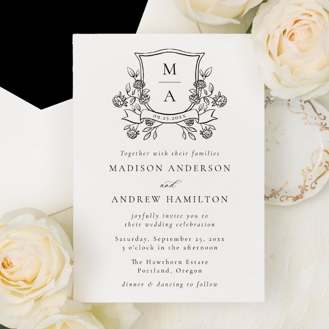 Invitation Elegant Floral Crest Monogram Wedding (Créateur téléchargé)