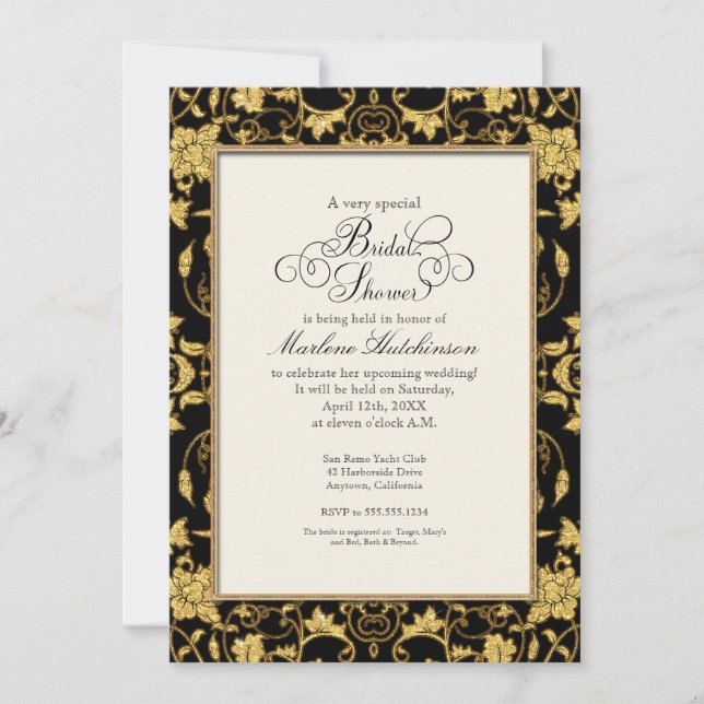 Invitation Élégant Floral Damask Gold Parties scintillant Mar (Devant)