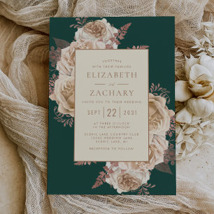 Invitation Élégant Floral Dark Turquoise Rose or Mariage ivoi