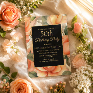 Invitation Élégant Floral de Pêche Noir et Or