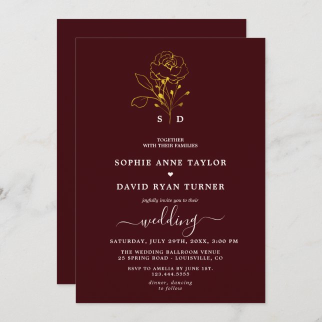 Invitation Elegant Floral Deep Burgundy Gold Monogram Wedding (Devant / Derrière)
