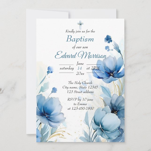 Invitation Élégant floral Dusty Baptême bleu (Devant)