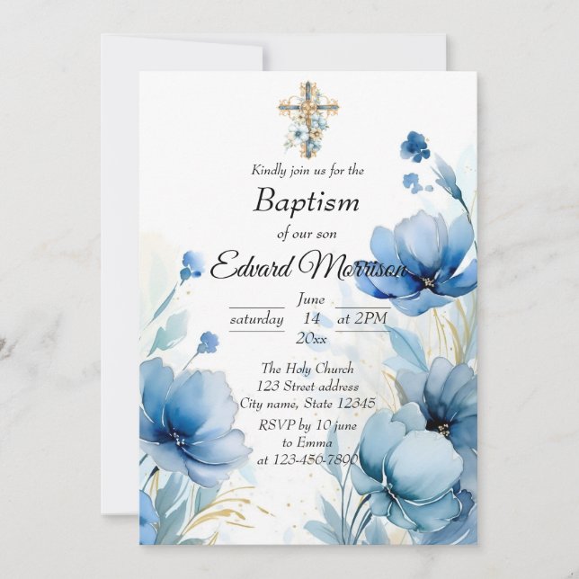 Invitation Élégant floral Dusty Baptême bleu (Devant)