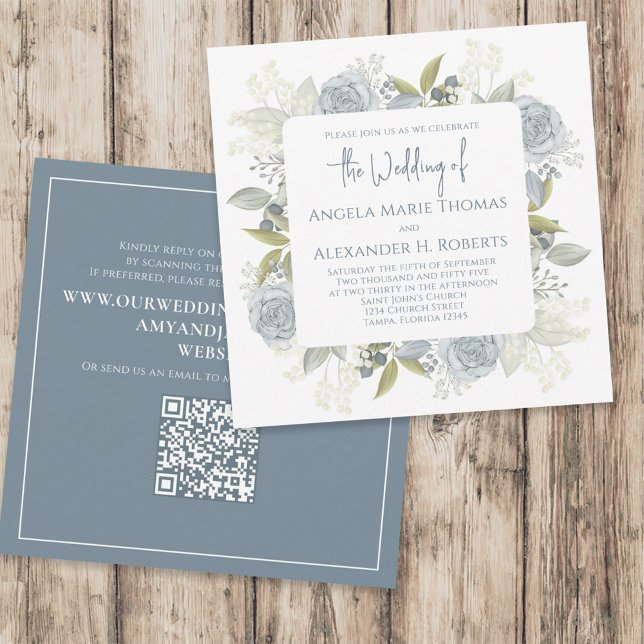Invitation Elégant Floral Dusty Blue Classic Rose QR Code (Créateur téléchargé)