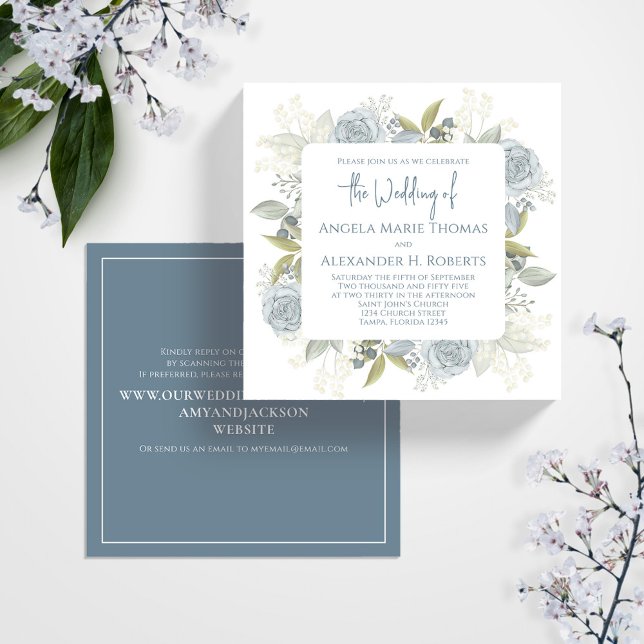 Invitation Elégant Floral Dusty Blue Classic Rose QR Code (Wedding blue floral wedding invitation square template.)