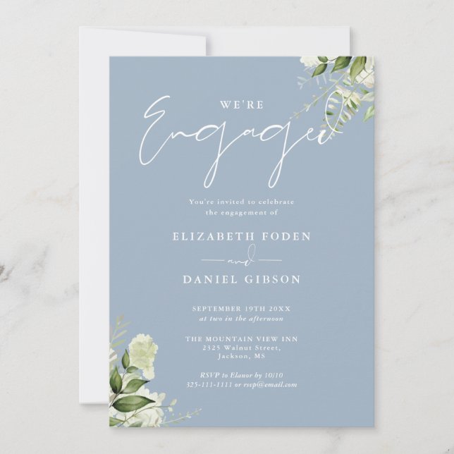 Invitation Élégant Floral Dusty Blue Engagement Party (Devant)