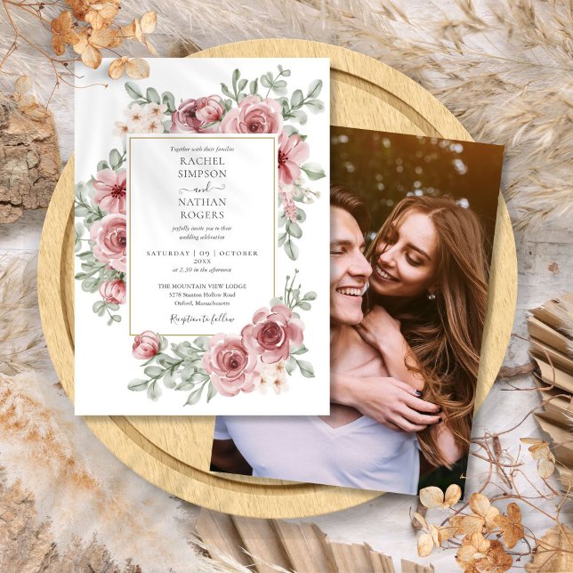 Invitation Elégant Floral Dusty Rose Gold Mariage Photo (Elegant Floral Dusty Rose Gold Wedding Photo Invitation)