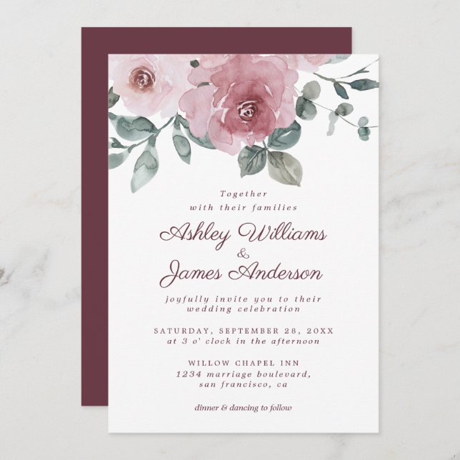 Invitation Élégant Floral Dusty Rose rose Mariage Bourgogne (Devant / Derrière)