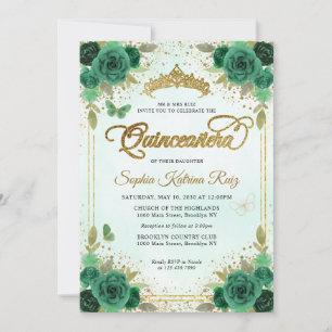 Invitation Élégant Floral Emerald Green Glam Gold Quinceañera