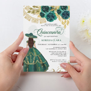 Invitation Élégant Floral Emerald Green Horse Quinceañera
