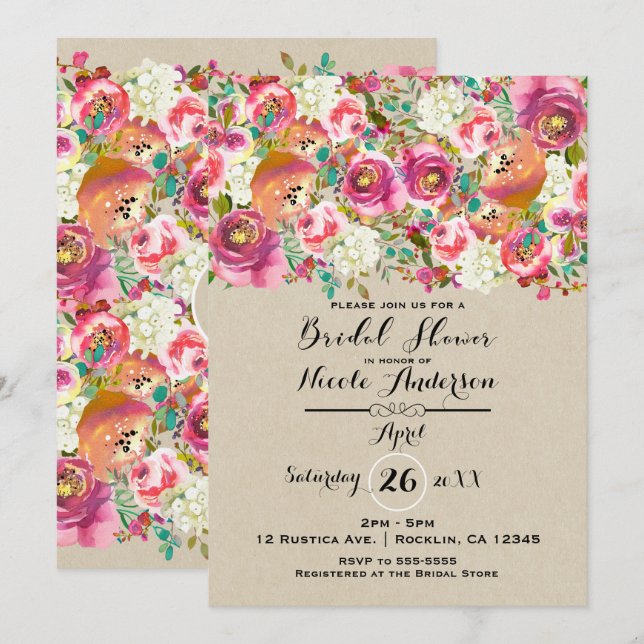 Invitation Élégant floral et kraft shabby chic Baby Shower (Devant / Derrière)