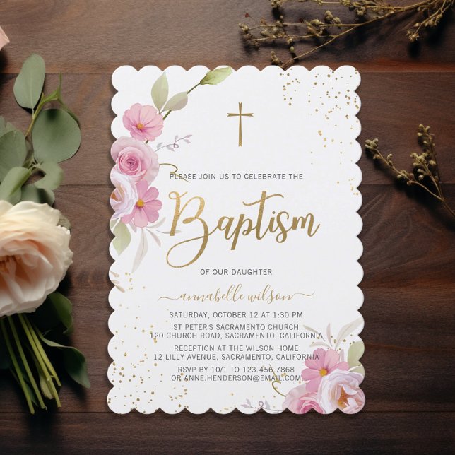 Invitation Élégant floral fille Baptême (Créateur téléchargé)