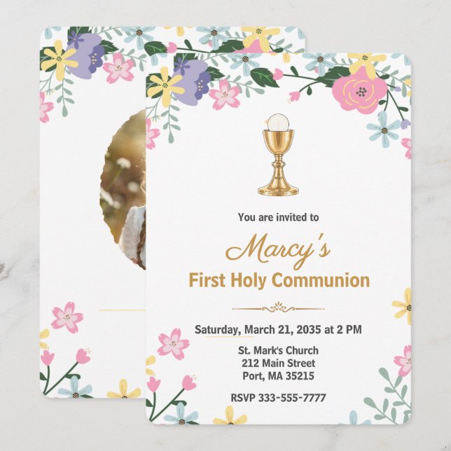 Invitation Elegant Floral First Holy Communion Photo  (Devant / Derrière)
