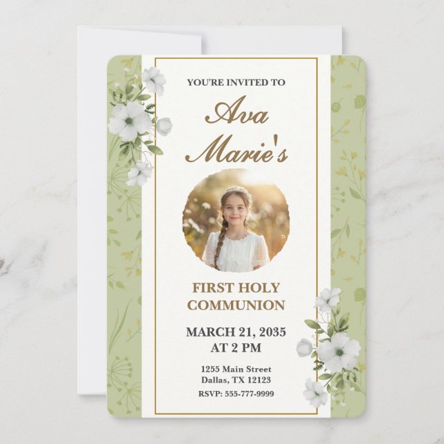 Invitation Elegant Floral First Holy Communion Photo Keepsake (Devant)