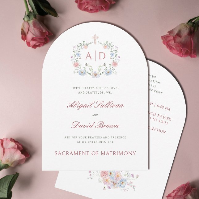 Invitation Elegant Floral Frame Monograms Catholic Wedding (Créateur téléchargé)