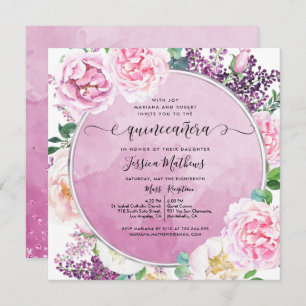 Invitation Elégant floral Fuchsia, aquarelle Quinceañera
